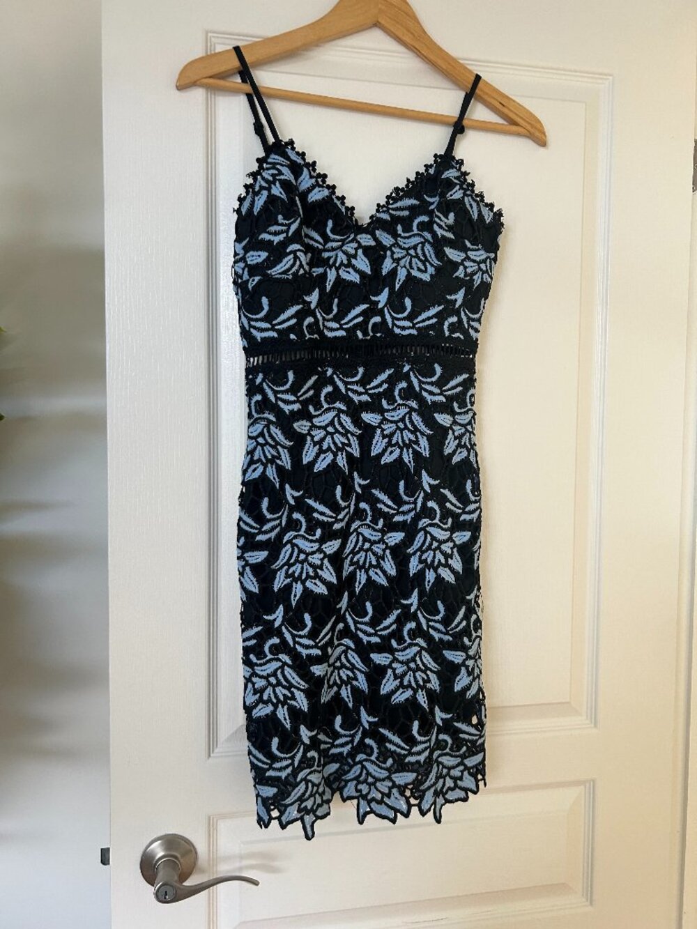 Blue and Black Lace Midi dress is XS.